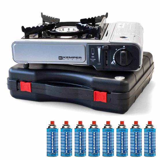 Réchaud à gaz 2200W + 8 cartouches de gaz Détendeur de pression Double système de sécurité. Puissance réglable KEMPER - Image 1
