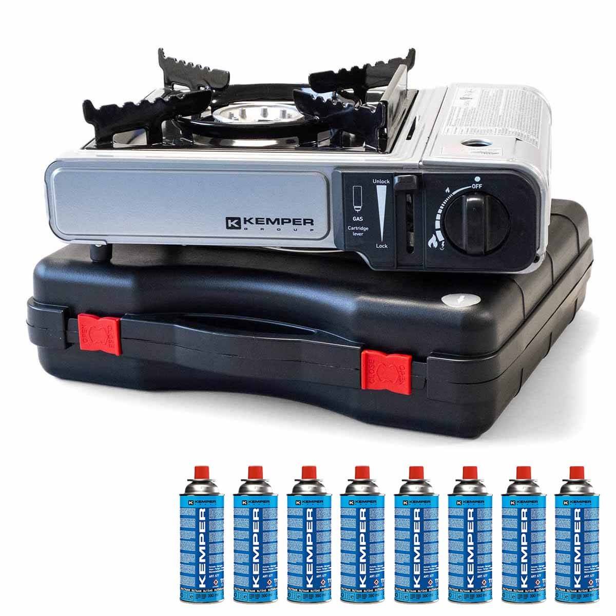 Réchaud à gaz 2200W + 8 cartouches de gaz Détendeur de pression Double système de sécurité. Puissance réglable KEMPER - Image 1