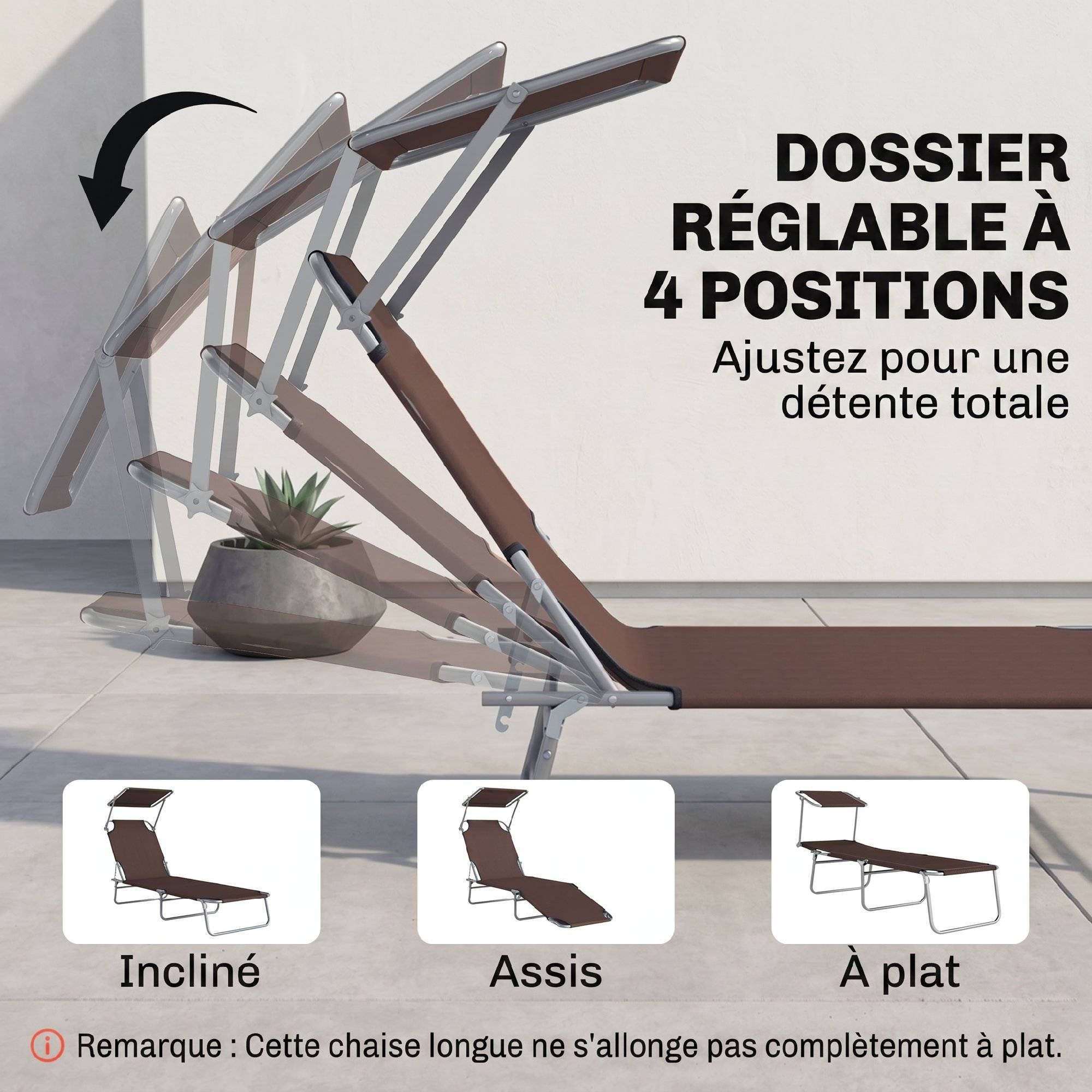 Outsunny - Transat bain de soleil pliable grand confort dossier et pare-soleil réglable multi-positions chocolat - Outsunny - Image 5