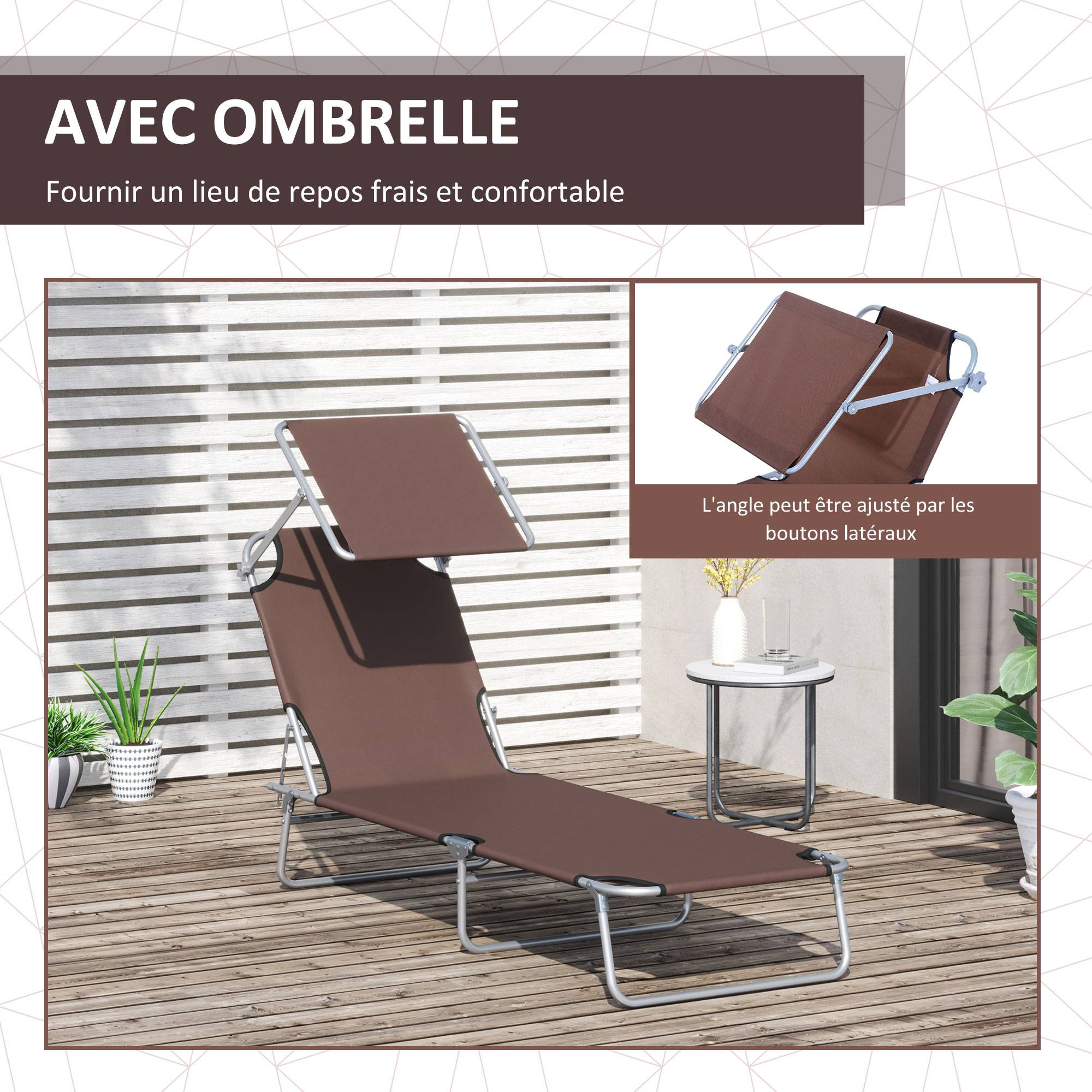 Outsunny - Transat bain de soleil pliable grand confort dossier et pare-soleil réglable multi-positions chocolat - Outsunny - Image 7