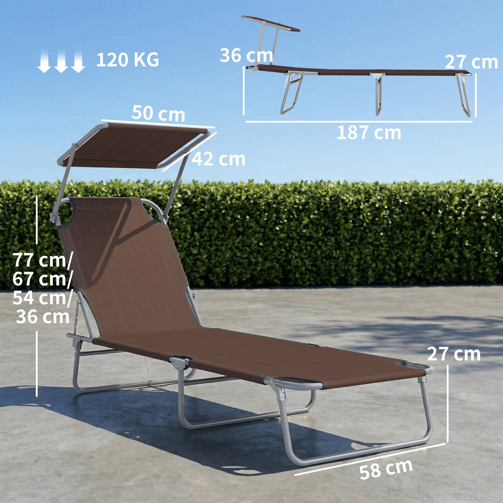 Outsunny - Transat bain de soleil pliable grand confort dossier et pare-soleil réglable multi-positions chocolat - Outsunny - Image 3