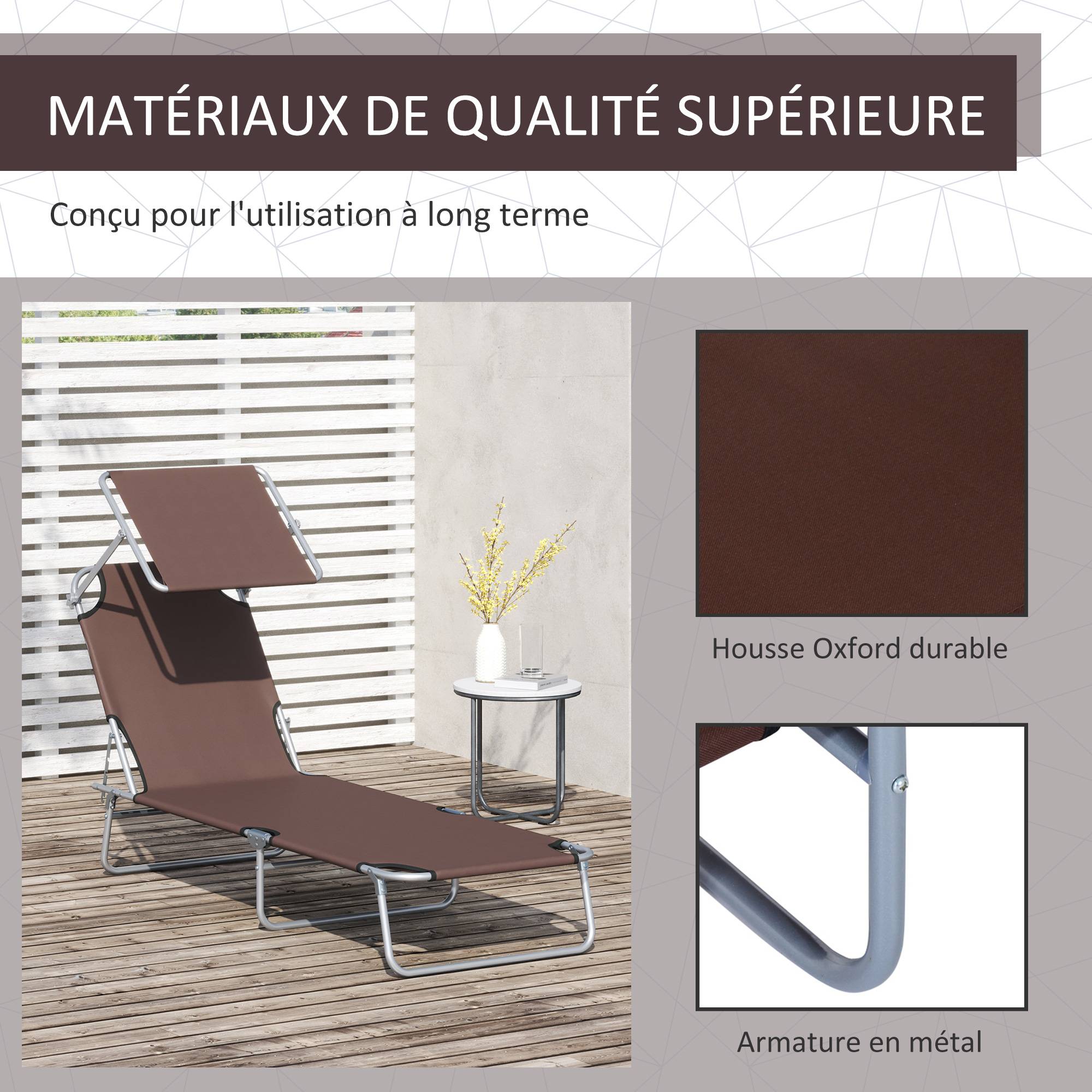 Outsunny - Transat bain de soleil pliable grand confort dossier et pare-soleil réglable multi-positions chocolat - Outsunny - Image 8