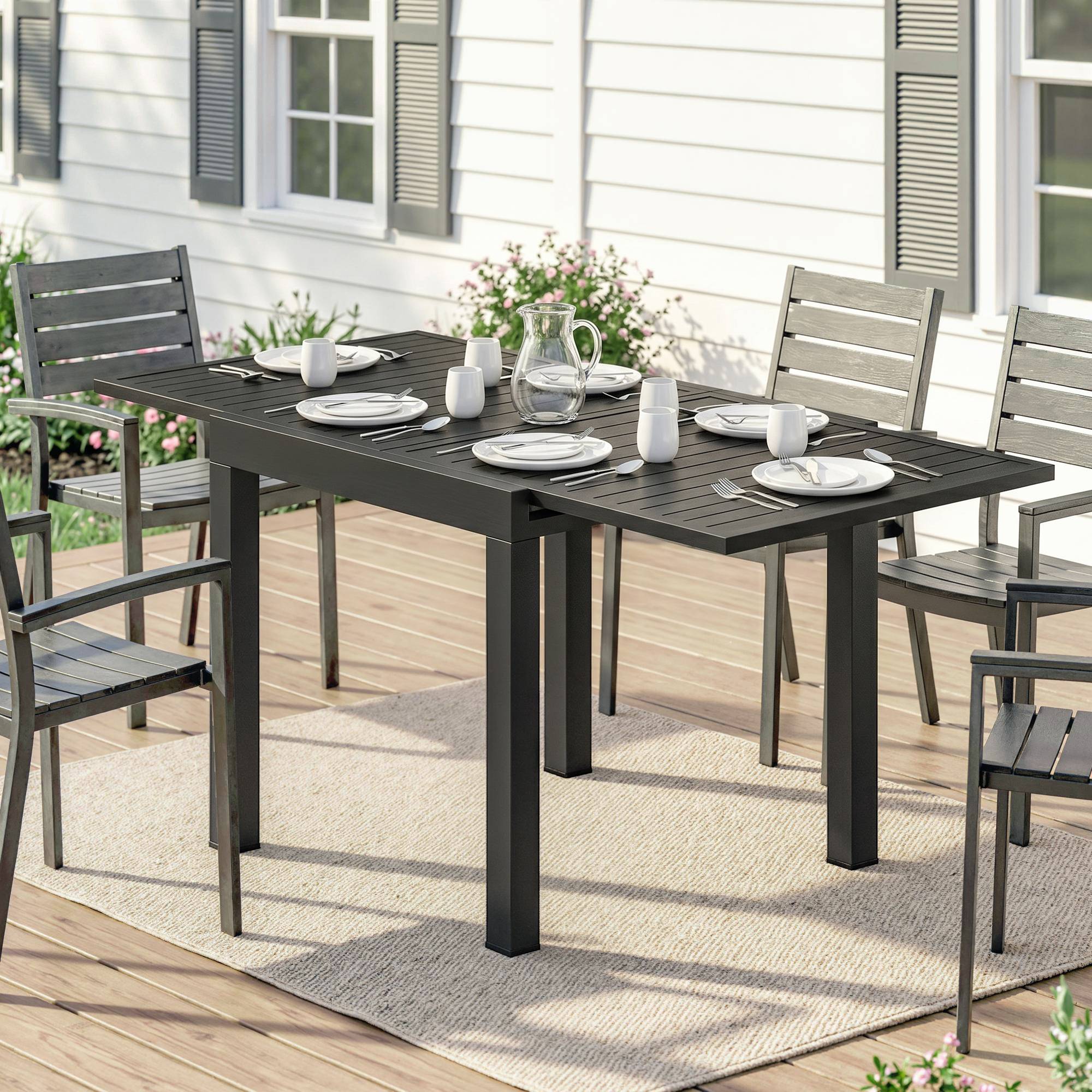 Table de jardin extensible table extérieur pour 4-6 personnes avec rallonge auto-stockée aluminium 80-160 x 80 cm noir - Image 4