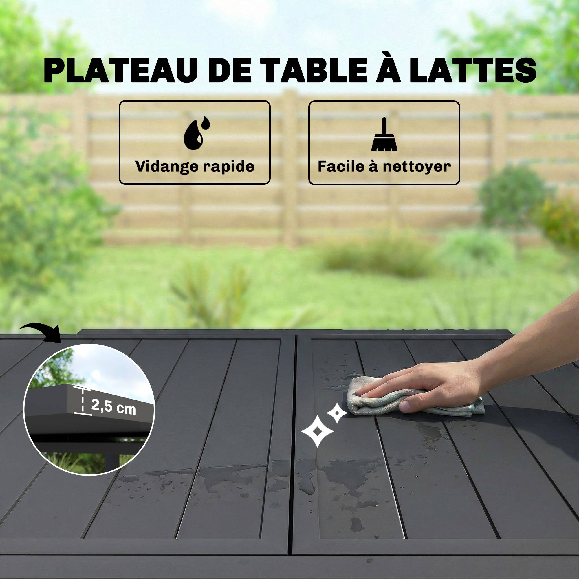 Table de jardin extensible table extérieur pour 4-6 personnes avec rallonge auto-stockée aluminium 80-160 x 80 cm noir - Image 8