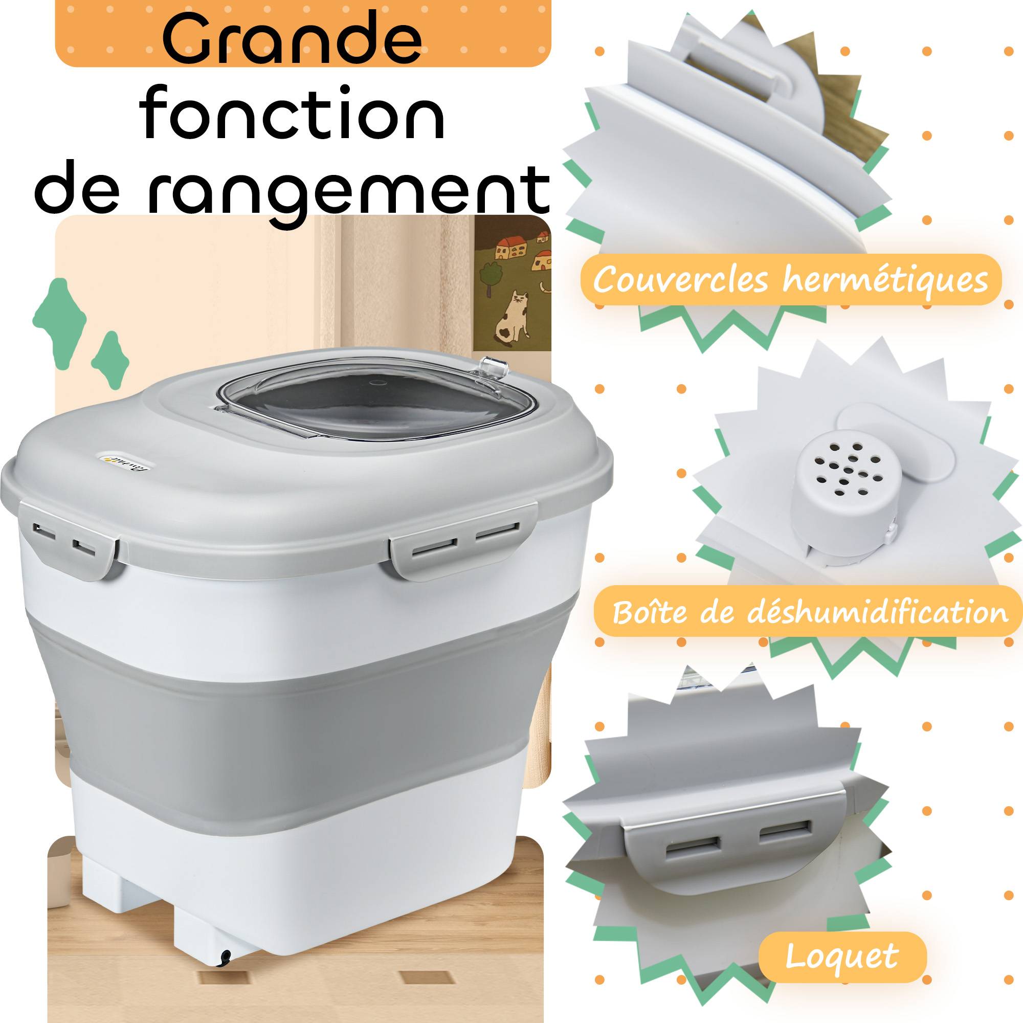 Conteneur à croquettes pour chien pliable 25L rangement hermétique couvercles hermétiques roulettes 44 x 32 x 37 cm gris - Image 8
