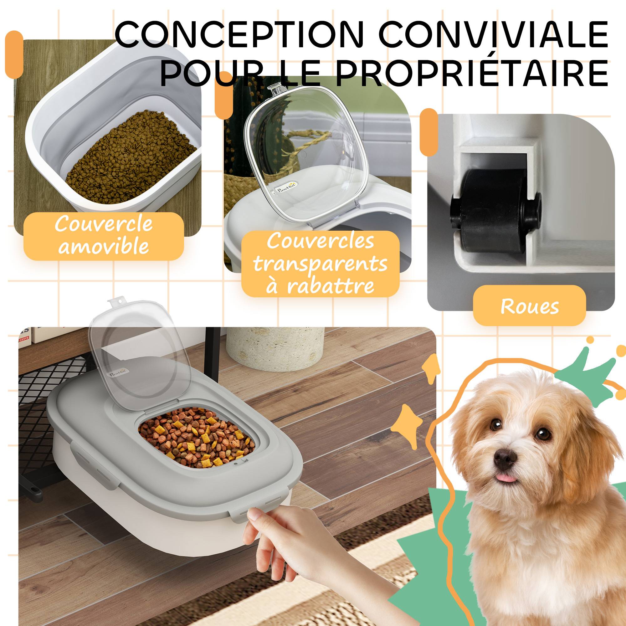 Conteneur à croquettes pour chien pliable 25L rangement hermétique couvercles hermétiques roulettes 44 x 32 x 37 cm gris - Image 9