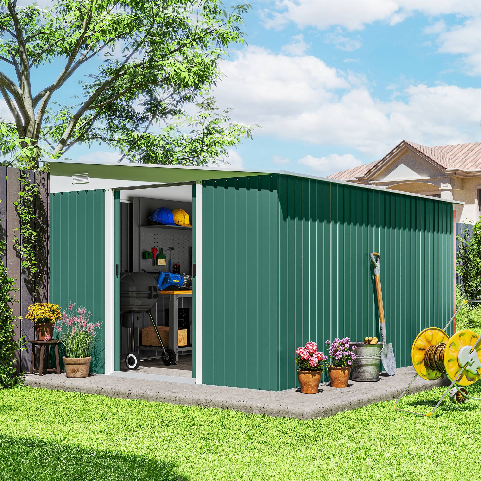 Abri de jardin métallique avec porte coulissante acier 345x280,5x169-201 cm cabane spacieuse rangement vert - Image 3
