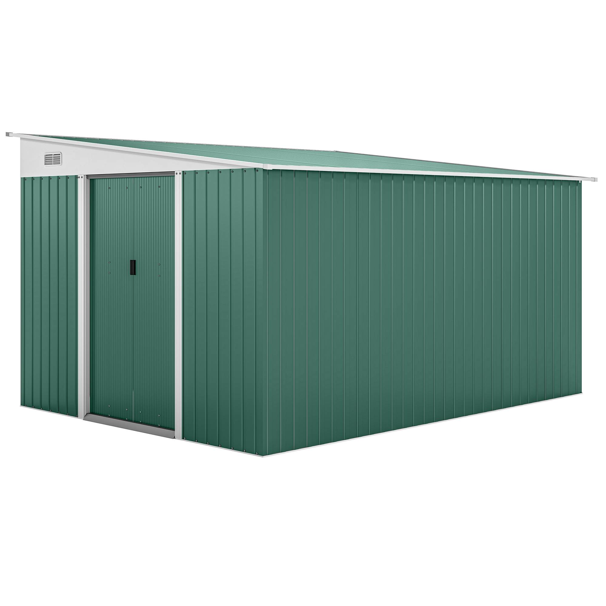 Abri de jardin métallique avec porte coulissante acier 345x280,5x169-201 cm cabane spacieuse rangement vert - Image 1