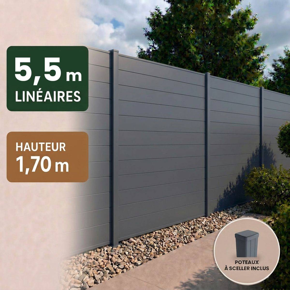 Direct Abris - Kit clôture RECIFE Aluminium anthracite 5,47m poteau 60x70mm gris à sceller 1,7m - Image 1