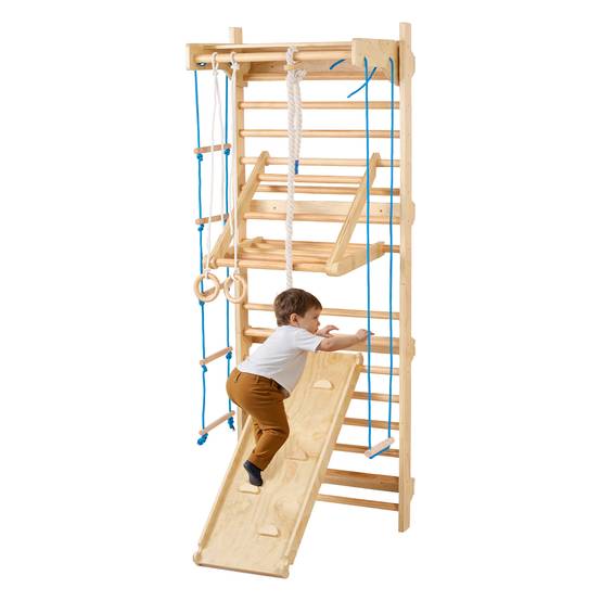 VEVOR Espalier bois massif, échelle suédoise 15 niveaux, charge 99,8 kg. Toboggan, barre traction. - Image 1