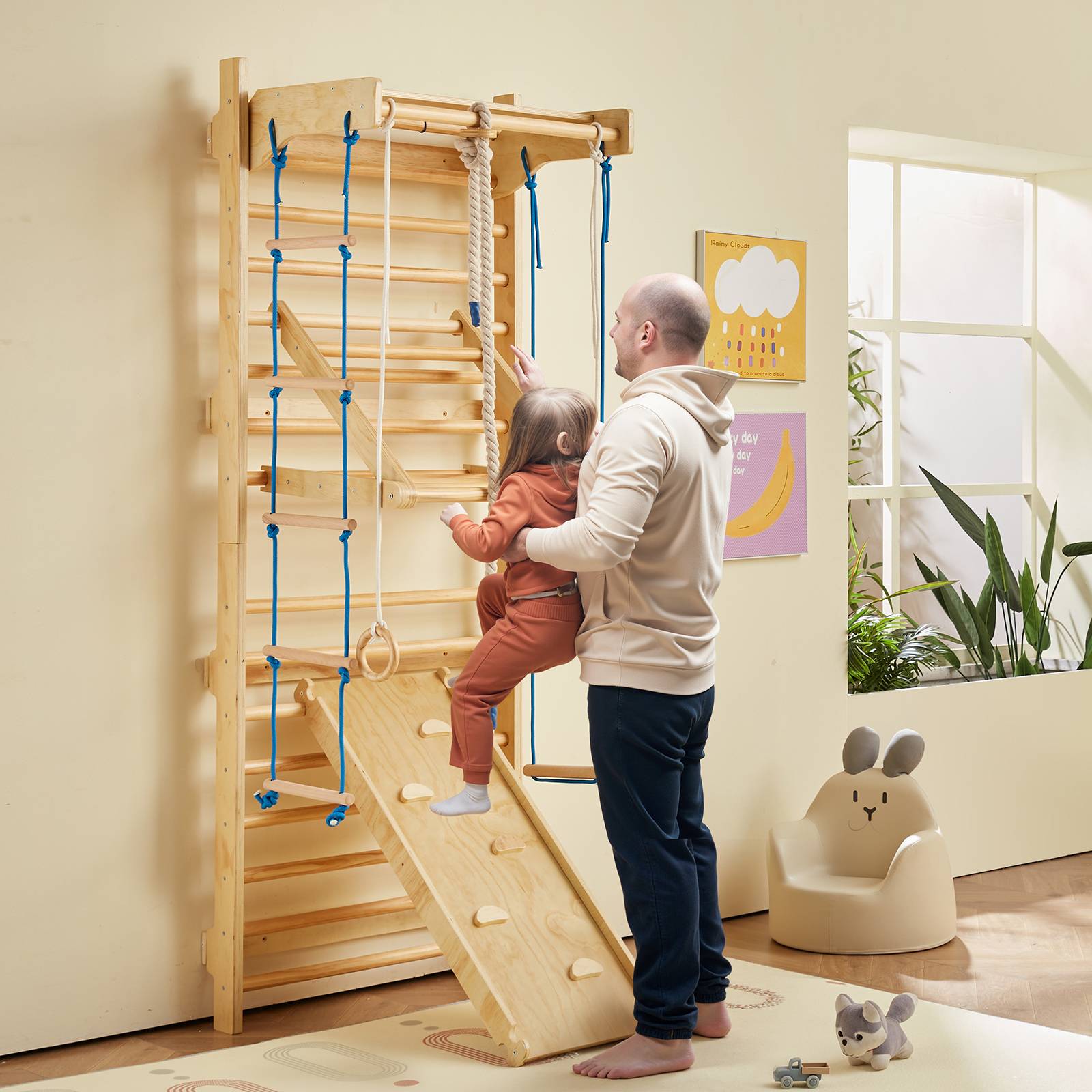 VEVOR Espalier bois massif, échelle suédoise 15 niveaux, charge 99,8 kg. Toboggan, barre traction. - Image 8