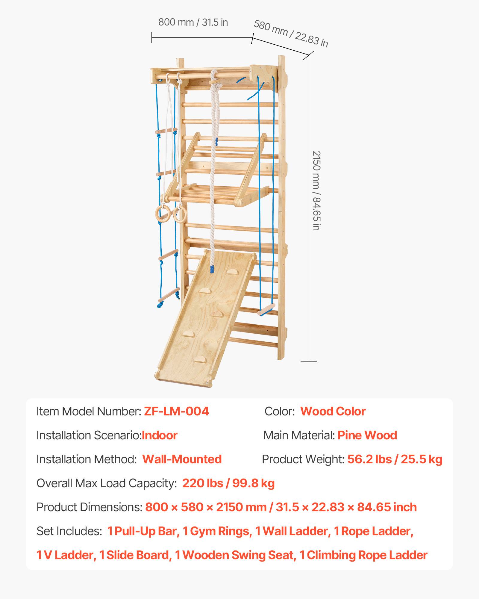VEVOR Espalier bois massif, échelle suédoise 15 niveaux, charge 99,8 kg. Toboggan, barre traction. - Image 7