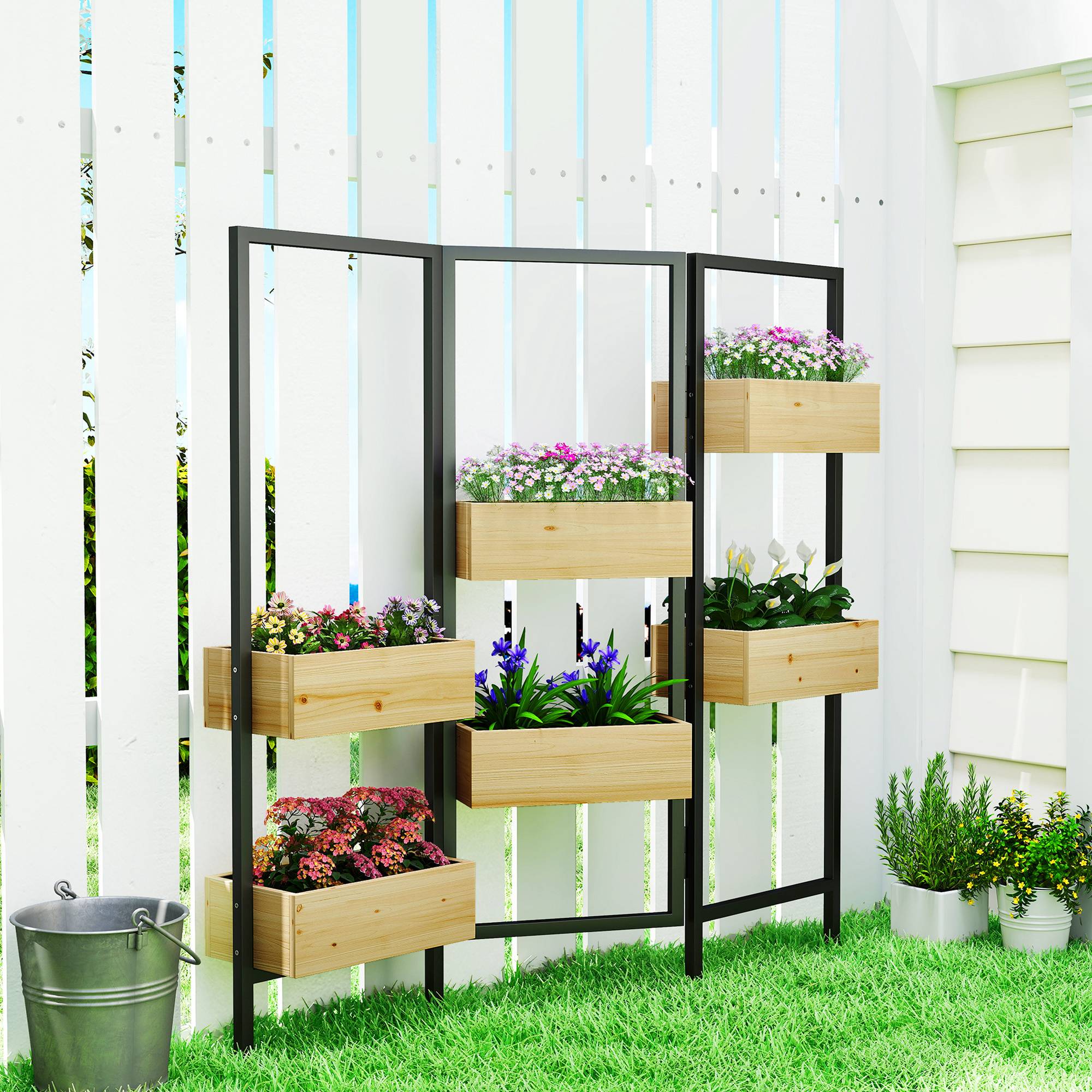 Sans Marque - Jardinière brise-vue potager surélevé treillis pliable 6 bacs fleurs drainage acier - Image 3
