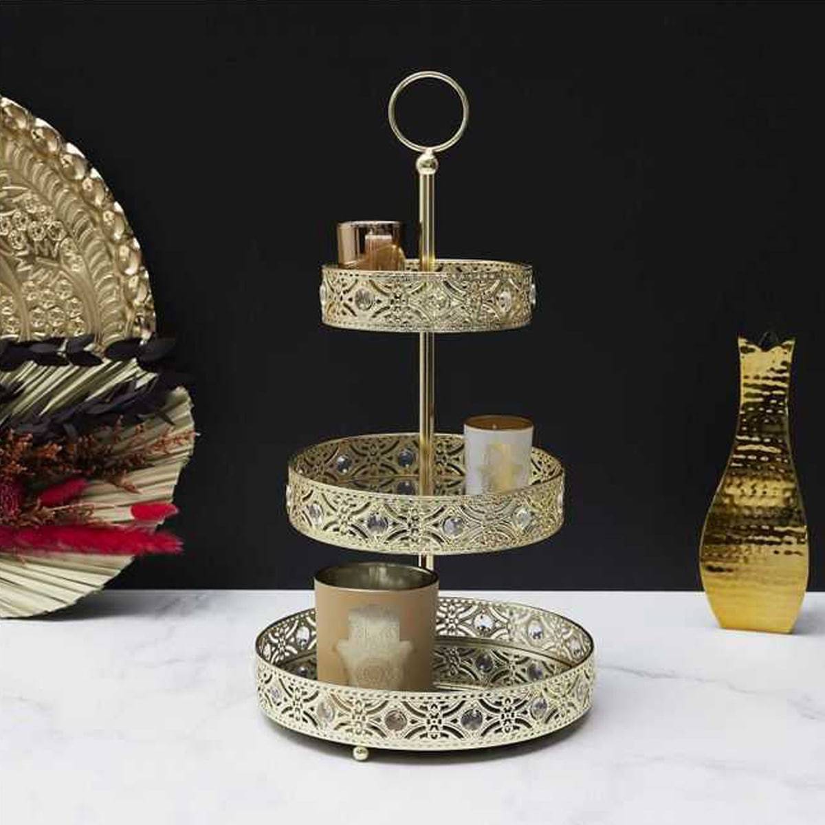 Plateau Décoratif à 3 Etages en Métal Doré - MARRAKECH - Image 2