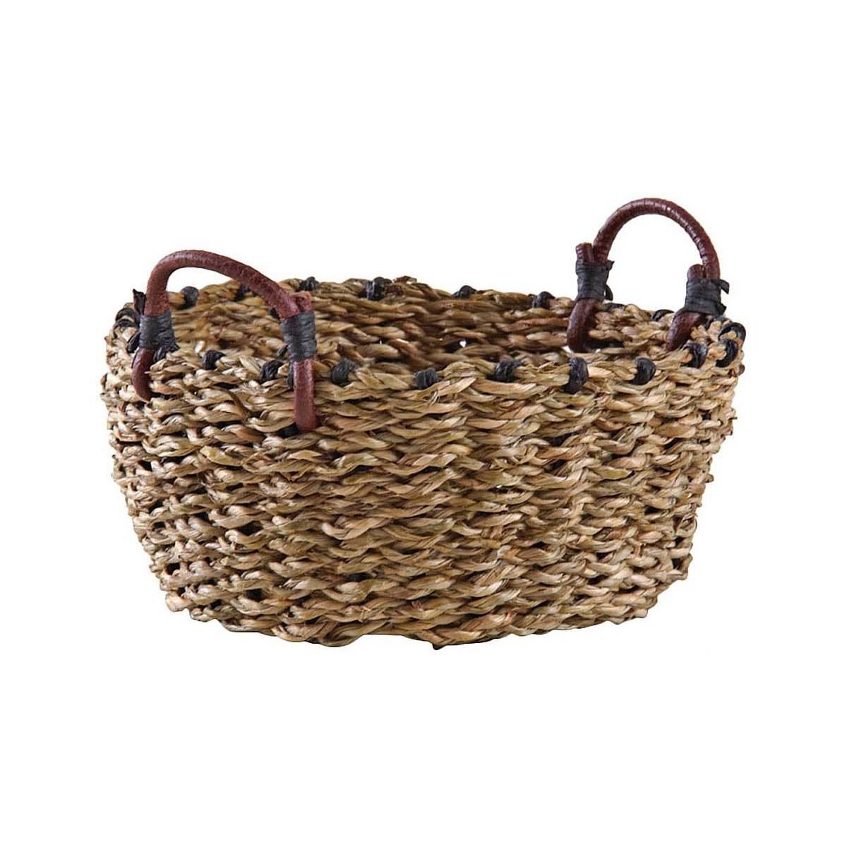 Aubry Gaspard - Corbeille ronde en jonc avec anses en cuir 19 cm