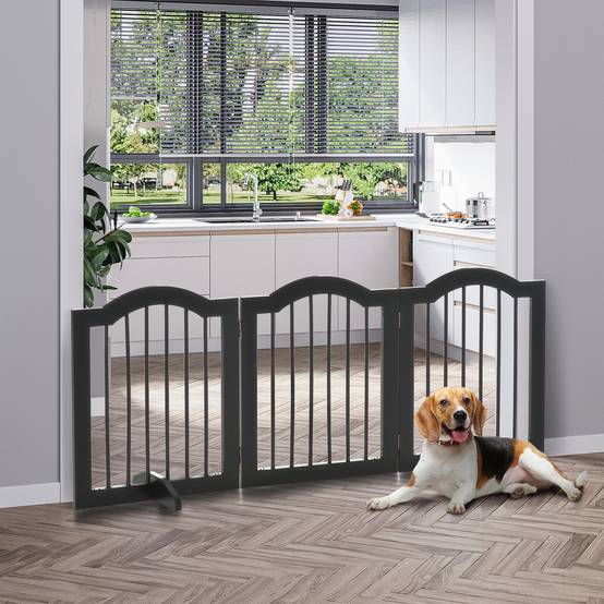 Barrière pour chien 3 parties, 154,5 x 61 cm, pliable avec porte, 2 pieds, autoportante, cuisine, noir - Image 3