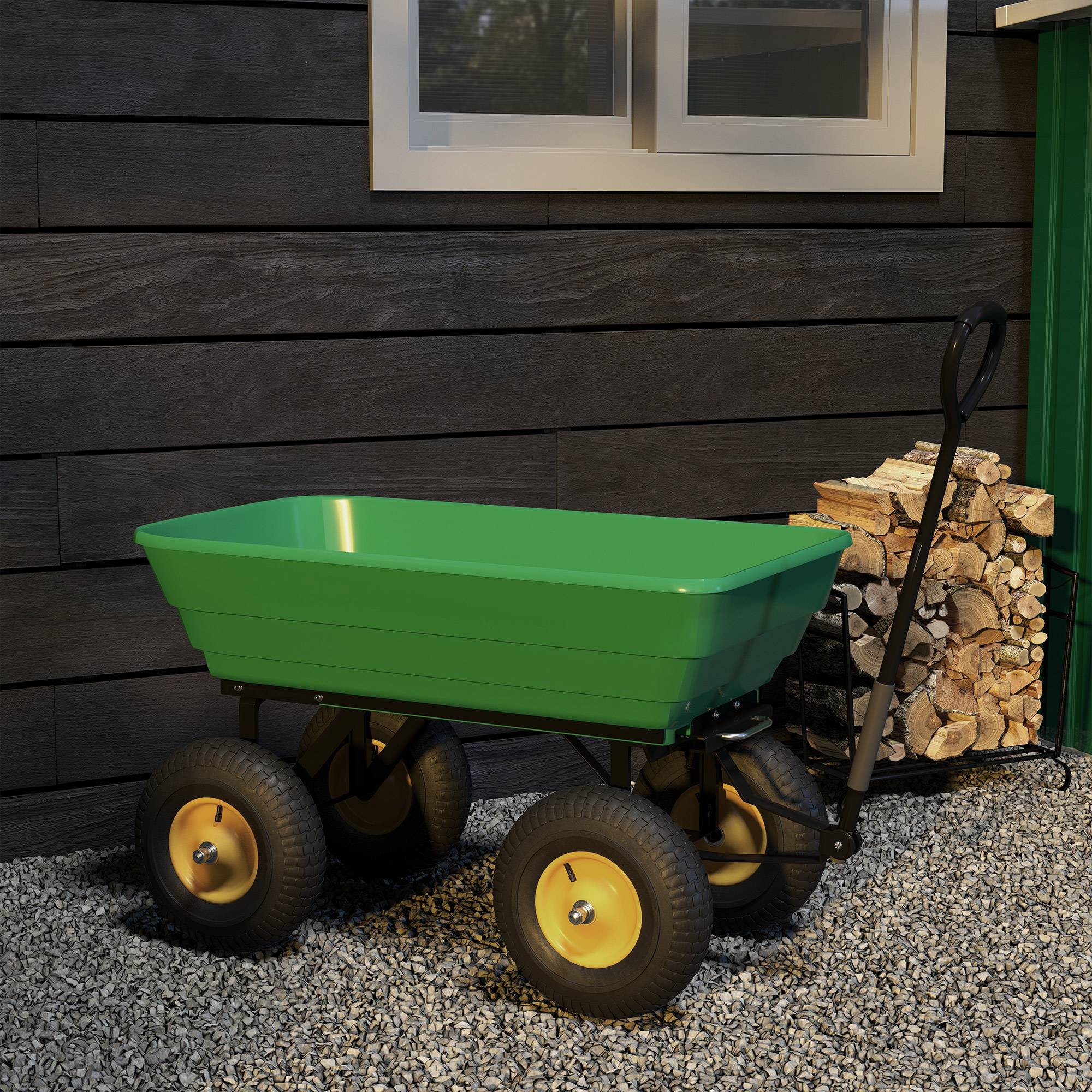 ComfortXL - Chariot de jardin acier et plastique 75 L vert foncé charge 200 kg benne basculante roues gonflables - Image 9
