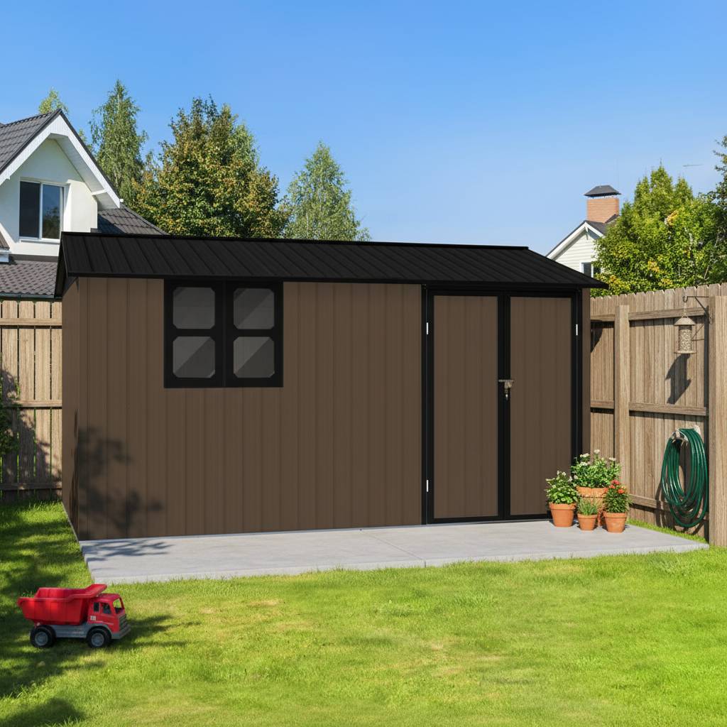 Abri de jardin métal extérieur rangement avec fenêtre et étagères 10m2 marron - ComfortXL Outdoor Living - Image 7