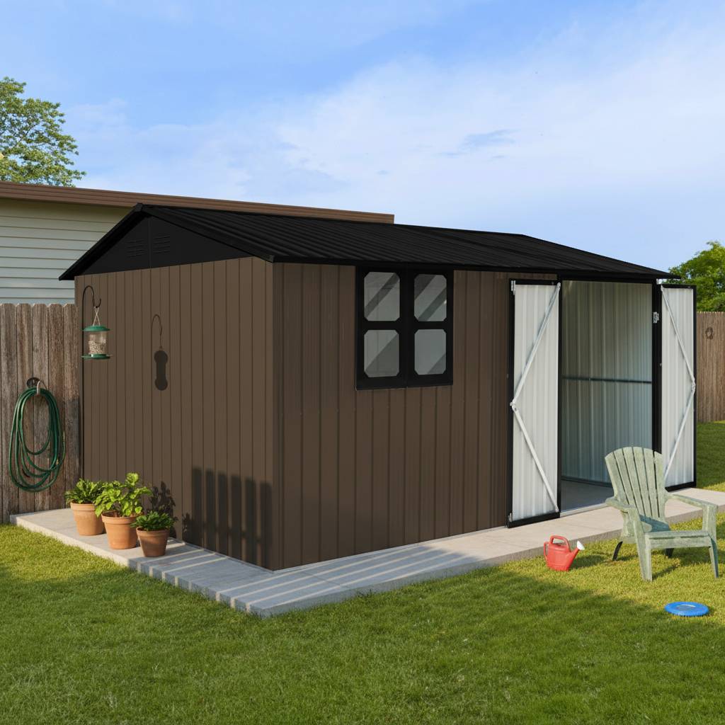 Abri de jardin métal extérieur rangement avec fenêtre et étagères 10m2 marron - ComfortXL Outdoor Living - Image 1