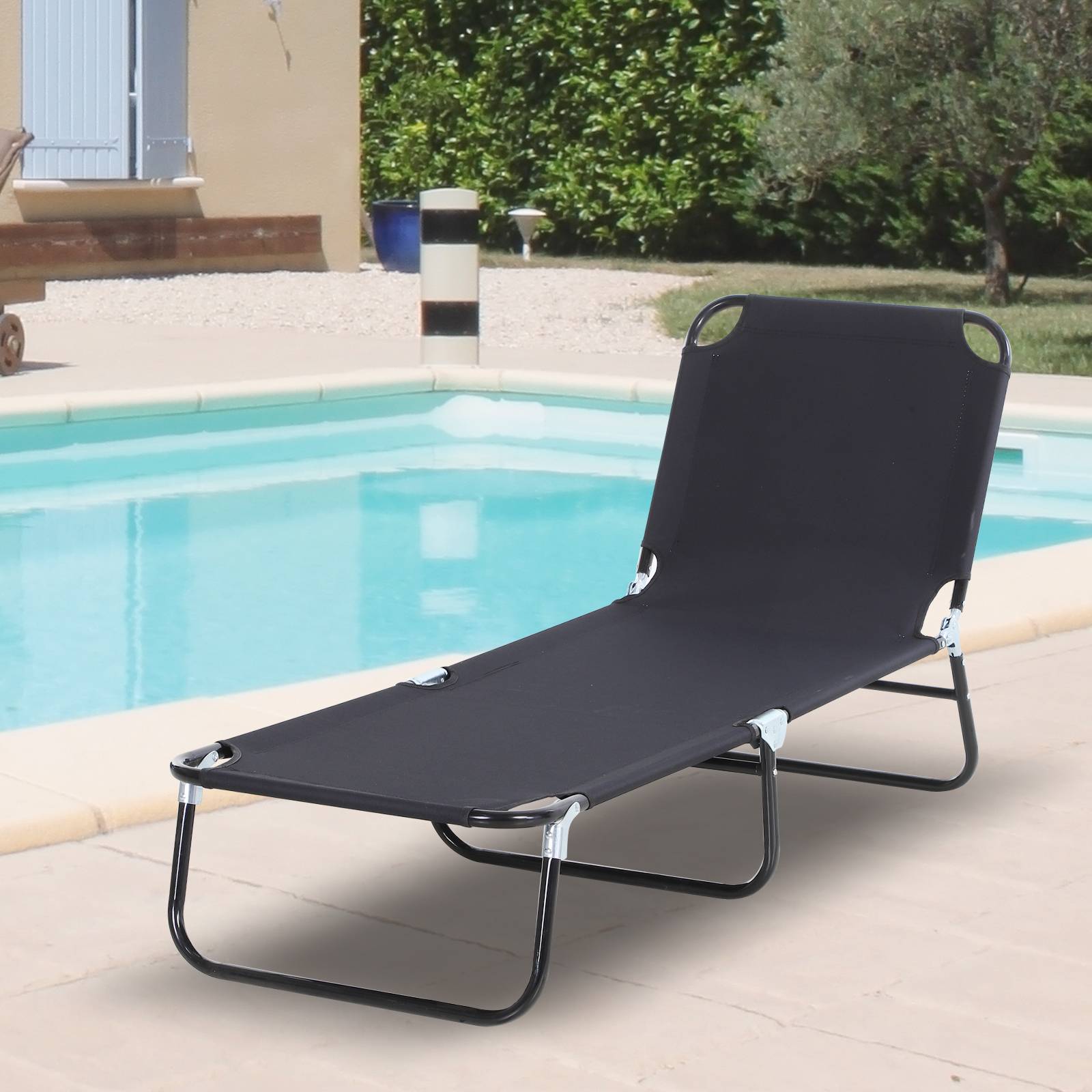 Transat pliable noir 5 positions, 188x56x28 cm, charge 120 kg, mobilier extérieur design sobre pour jardin et piscine pratique et confortable - Image 4