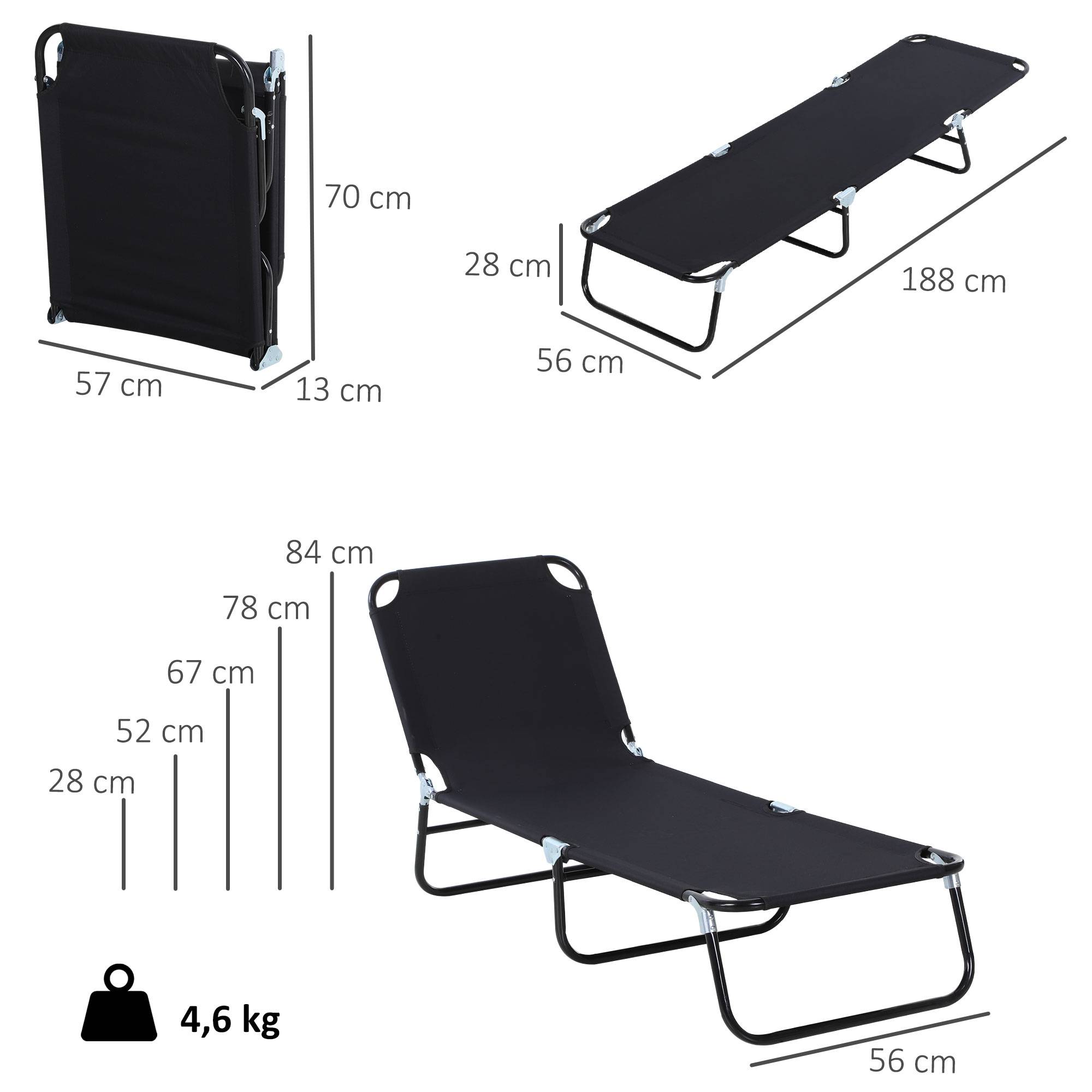 Transat pliable noir 5 positions, 188x56x28 cm, charge 120 kg, mobilier extérieur design sobre pour jardin et piscine pratique et confortable - Image 5