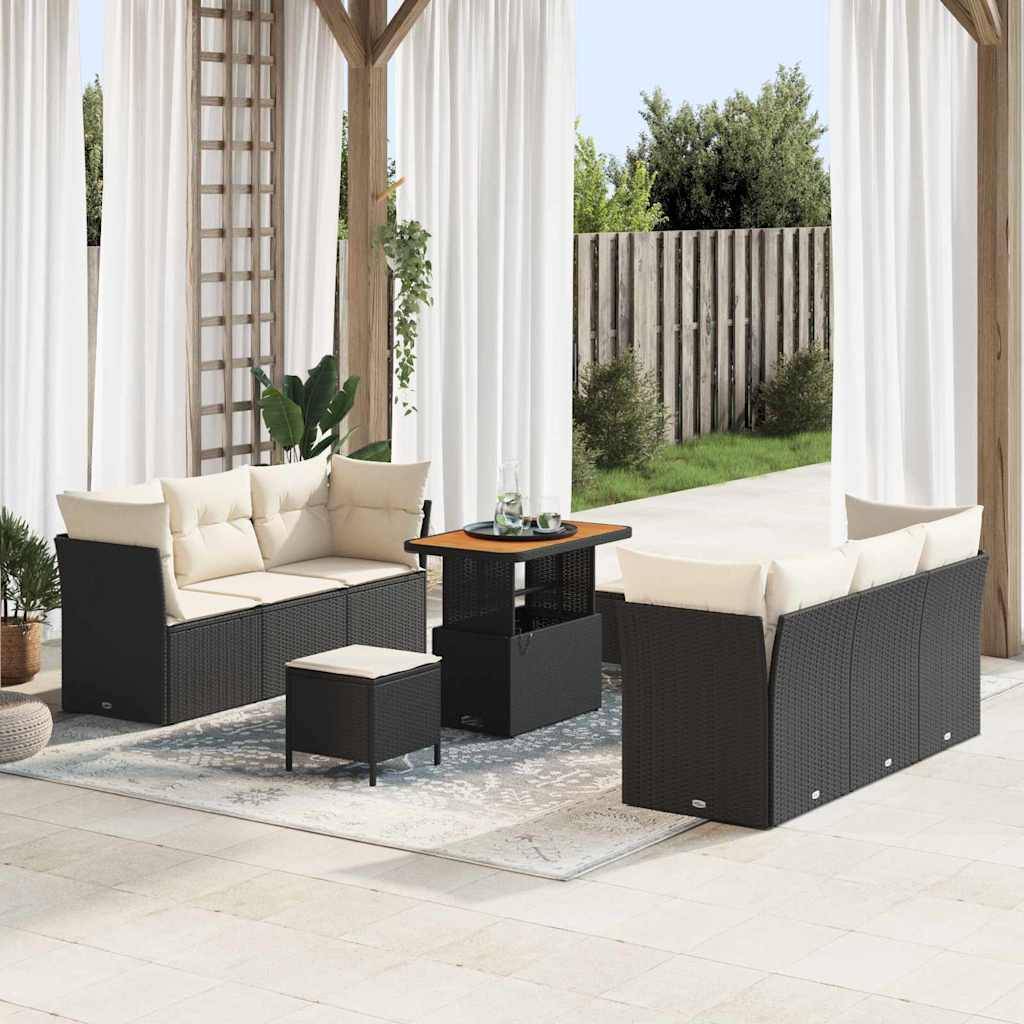 ComfortXL - Ensemble salon de jardin 8 places en polyrotin et bois d'acacia avec poufs pour terrasse Noir – ComfortXL Outdoor Living - Image 1