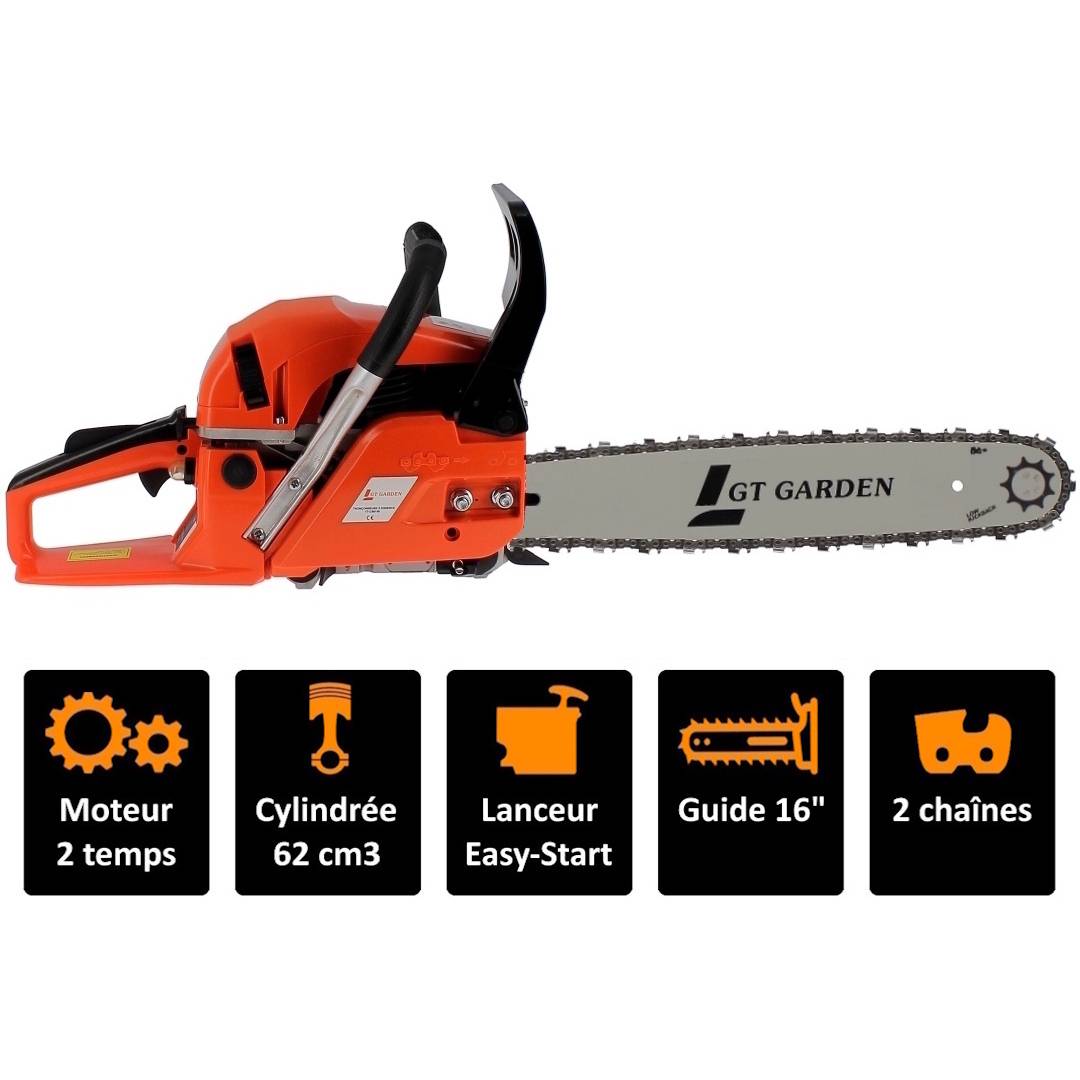 Gt Garden - Tronçonneuse thermique 62 cm3, 3.5 CV, guide 40 cm, 2 chaînes - GT GARDEN - Image 2