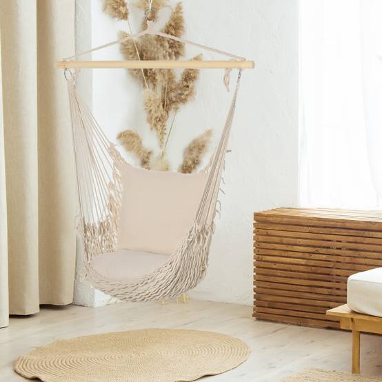 Fauteuil hamac suspendu polyester coton intérieur extérieur avec coussins inclus blanc - ComfortXL Outdoor Living - Image 10