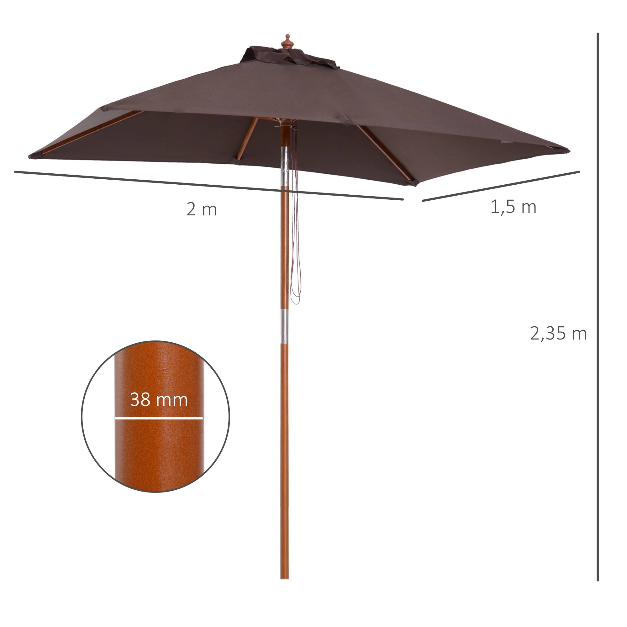 Outsunny - Parasol rectangulaire inclinable 2x1,5x2,3m ajustable bois et polyester haute densité chocolat - Outsunny - Image 3