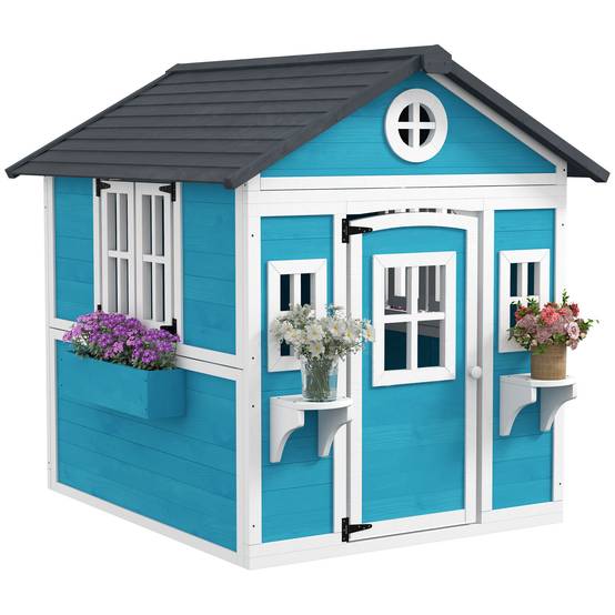 Cabane enfant extérieur maison enfant extérieure avec porte fenêtres et jardinières 114 x 126,4 x 135 cm bleu - Image 1
