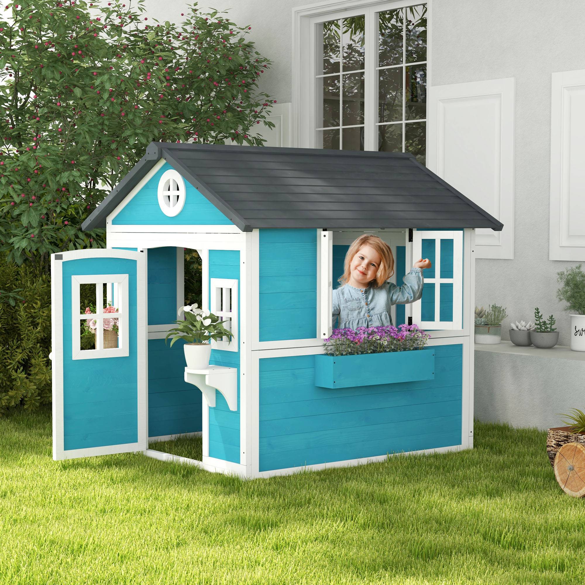 Cabane enfant extérieur maison enfant extérieure avec porte fenêtres et jardinières 114 x 126,4 x 135 cm bleu - Image 3