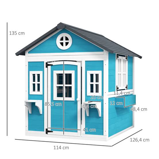 Cabane enfant extérieur maison enfant extérieure avec porte fenêtres et jardinières 114 x 126,4 x 135 cm bleu - Image 5