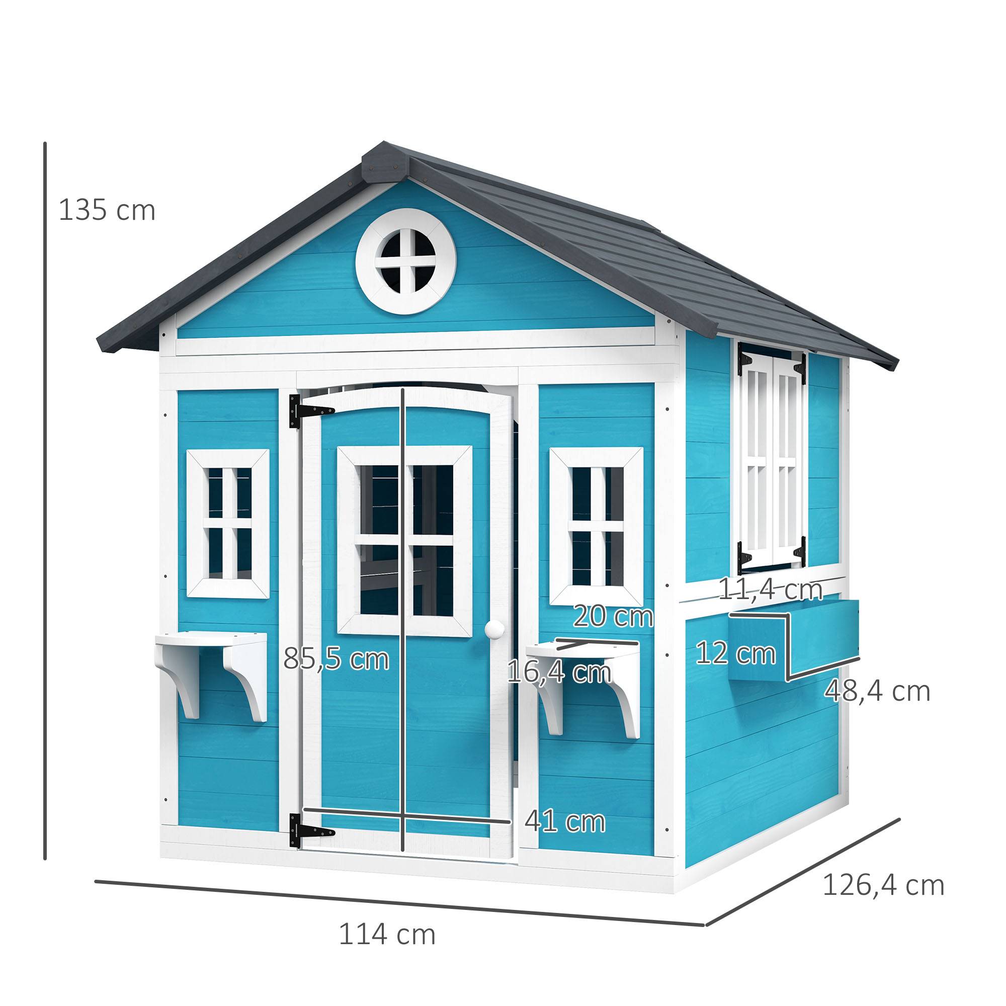 Cabane enfant extérieur maison enfant extérieure avec porte fenêtres et jardinières 114 x 126,4 x 135 cm bleu - Image 5