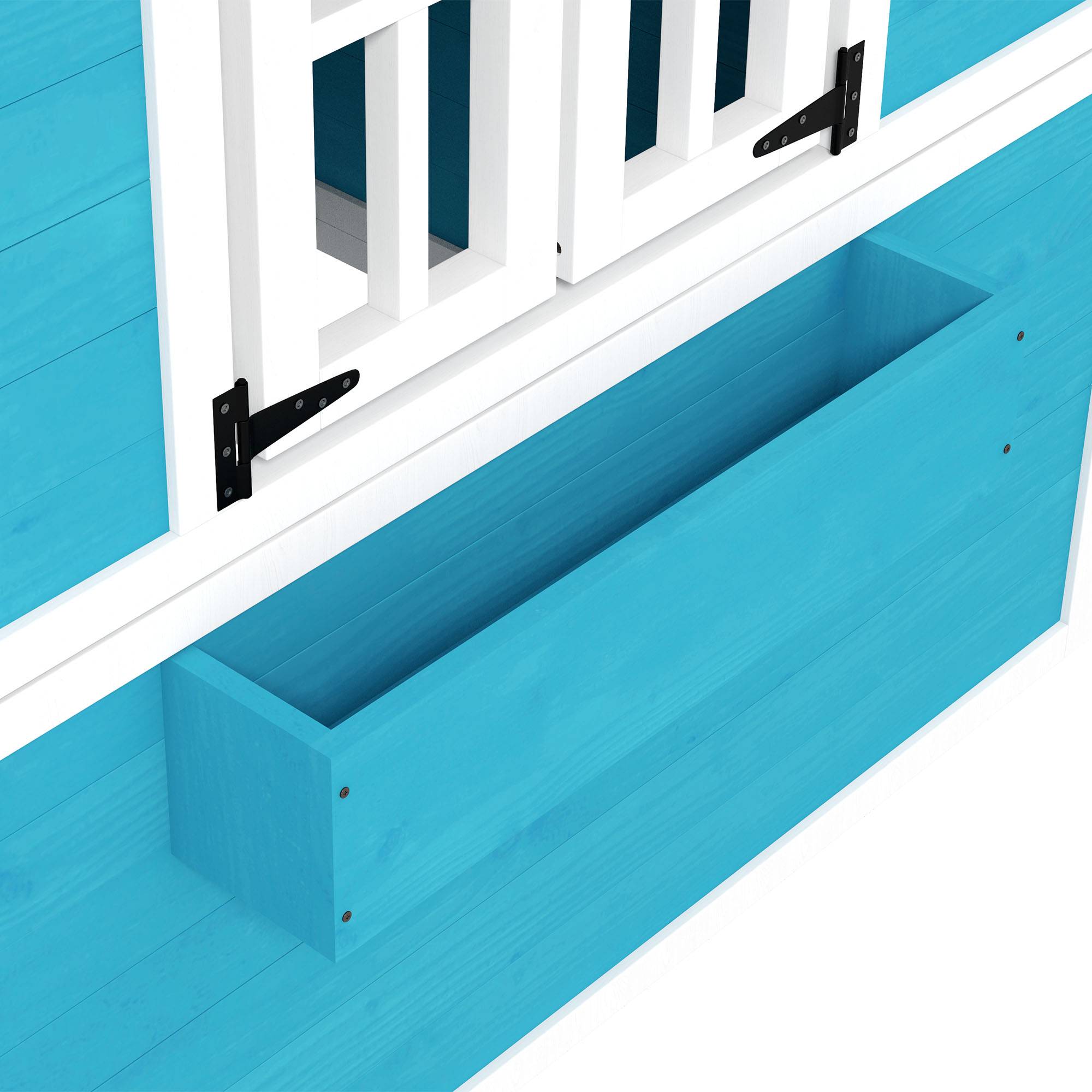 Cabane enfant extérieur maison enfant extérieure avec porte fenêtres et jardinières 114 x 126,4 x 135 cm bleu - Image 10