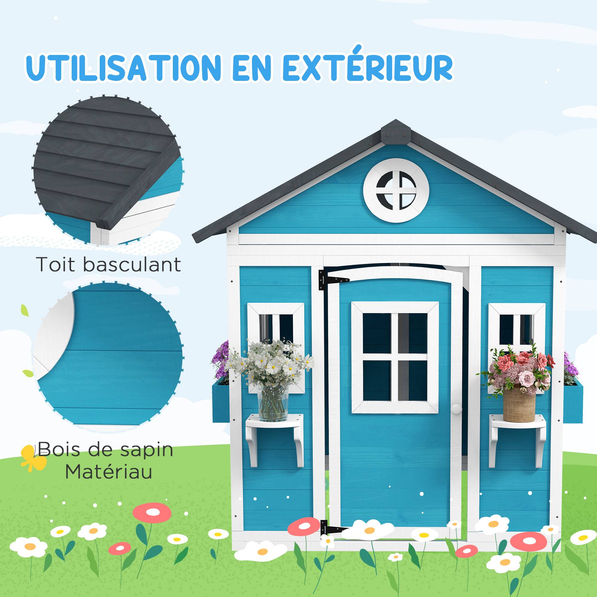 Cabane enfant extérieur maison enfant extérieure avec porte fenêtres et jardinières 114 x 126,4 x 135 cm bleu - Image 7