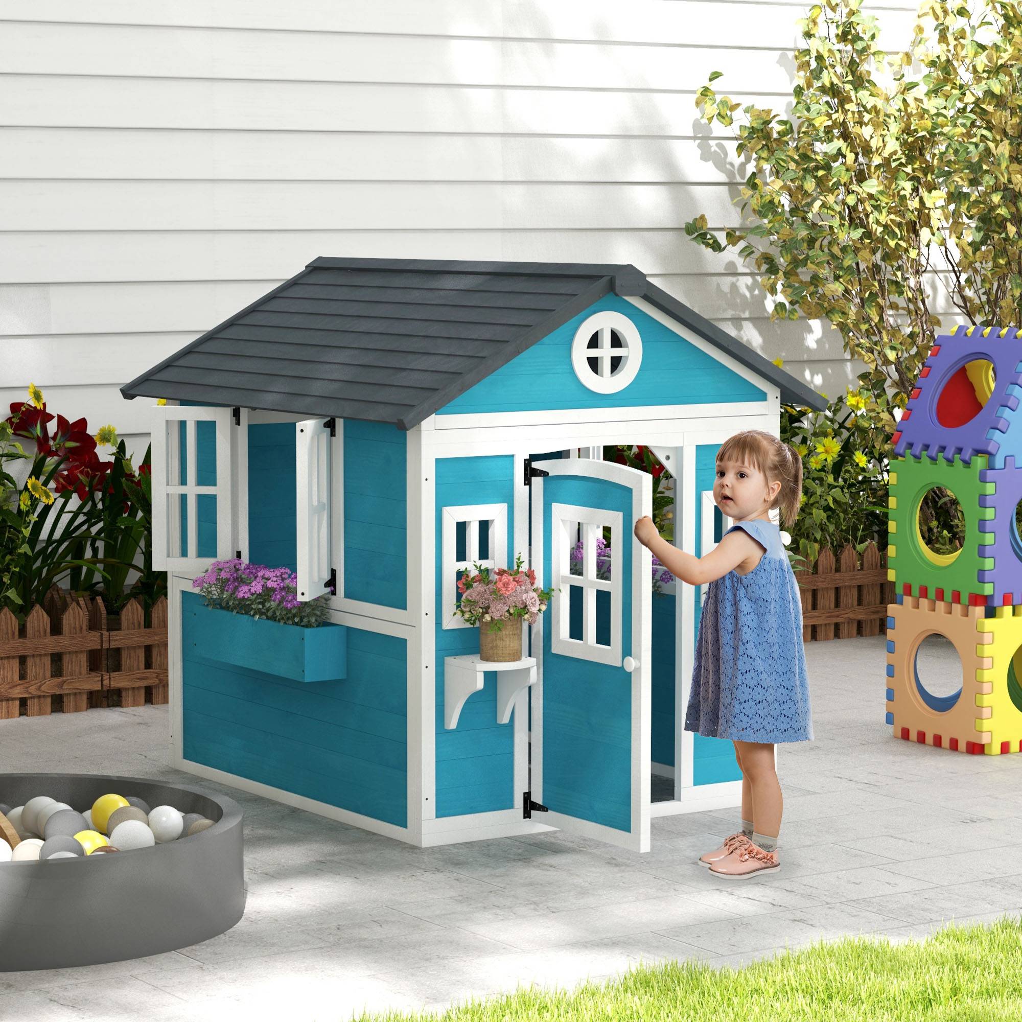 Cabane enfant extérieur maison enfant extérieure avec porte fenêtres et jardinières 114 x 126,4 x 135 cm bleu - Image 4