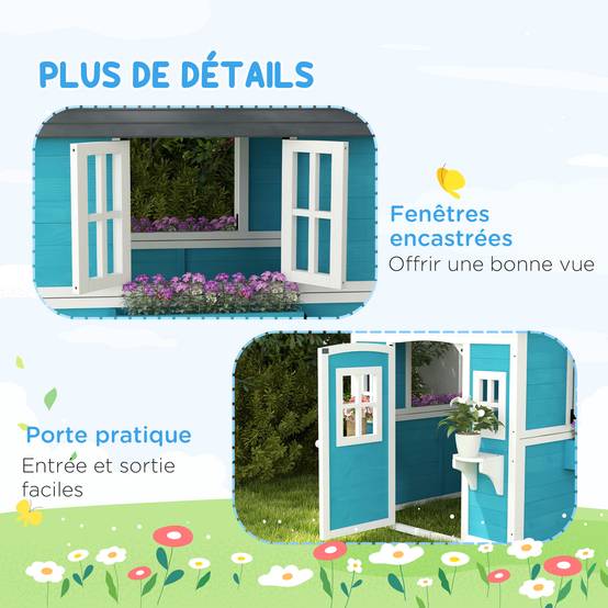 Cabane enfant extérieur maison enfant extérieure avec porte fenêtres et jardinières 114 x 126,4 x 135 cm bleu - Image 9