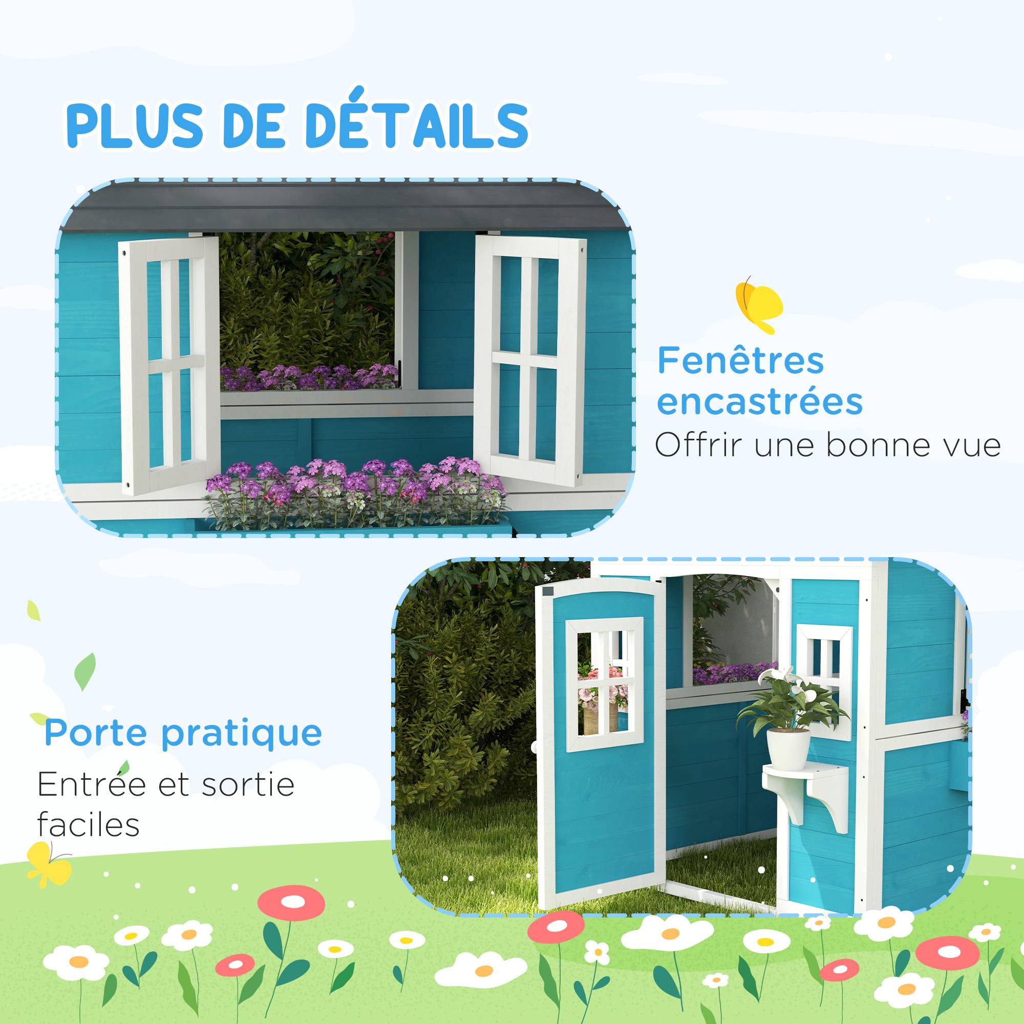 Cabane enfant extérieur maison enfant extérieure avec porte fenêtres et jardinières 114 x 126,4 x 135 cm bleu - Image 9