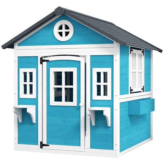 Cabane enfant extérieur maison enfant extérieure avec porte fenêtres et jardinières 114 x 126,4 x 135 cm bleu - Image 2