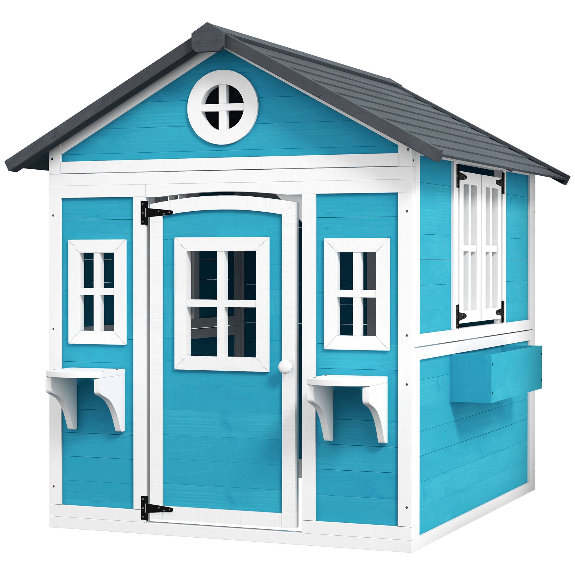 Cabane enfant extérieur maison enfant extérieure avec porte fenêtres et jardinières 114 x 126,4 x 135 cm bleu - Image 2