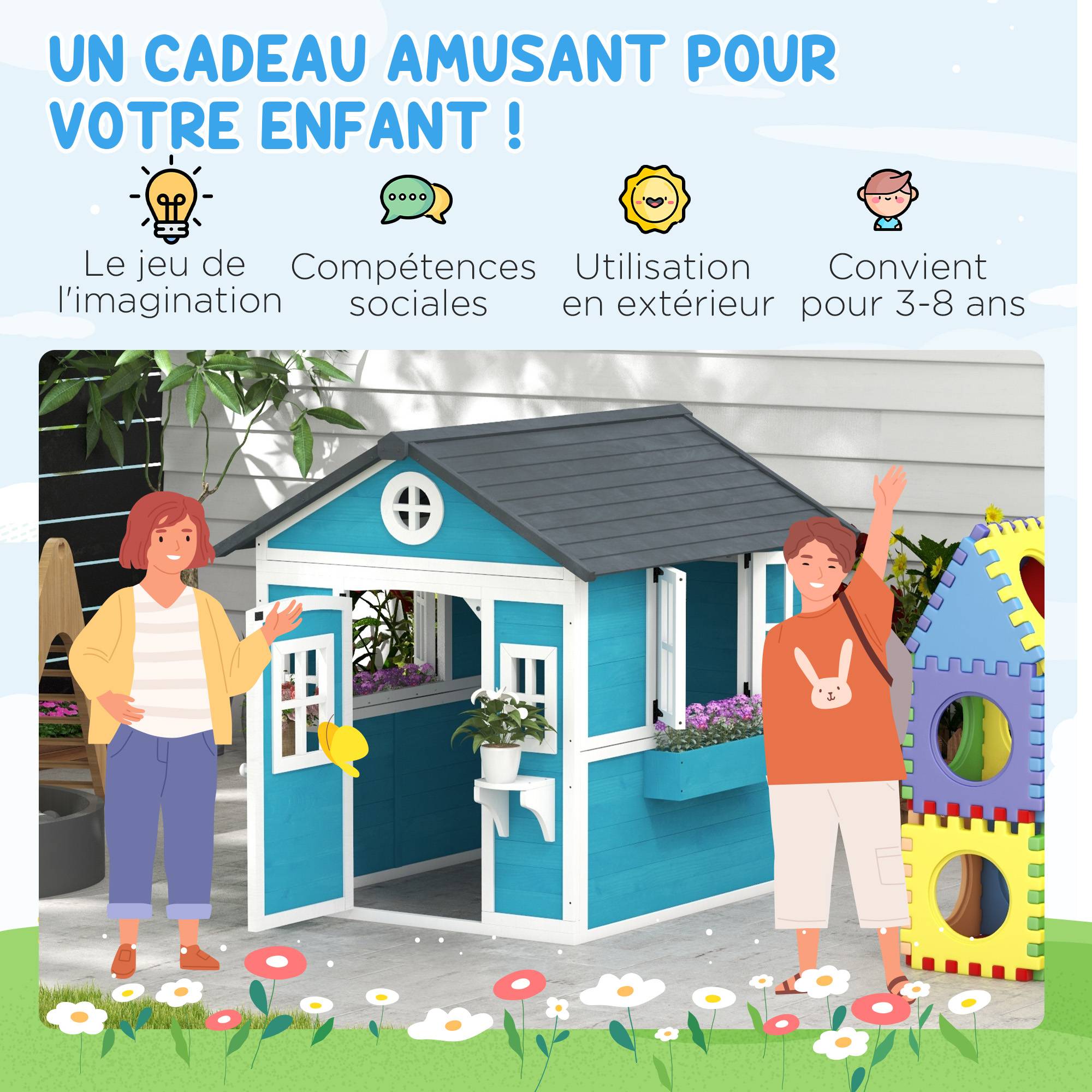 Cabane enfant extérieur maison enfant extérieure avec porte fenêtres et jardinières 114 x 126,4 x 135 cm bleu - Image 8
