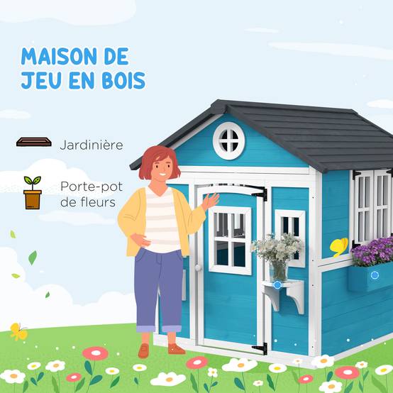 Cabane enfant extérieur maison enfant extérieure avec porte fenêtres et jardinières 114 x 126,4 x 135 cm bleu - Image 6