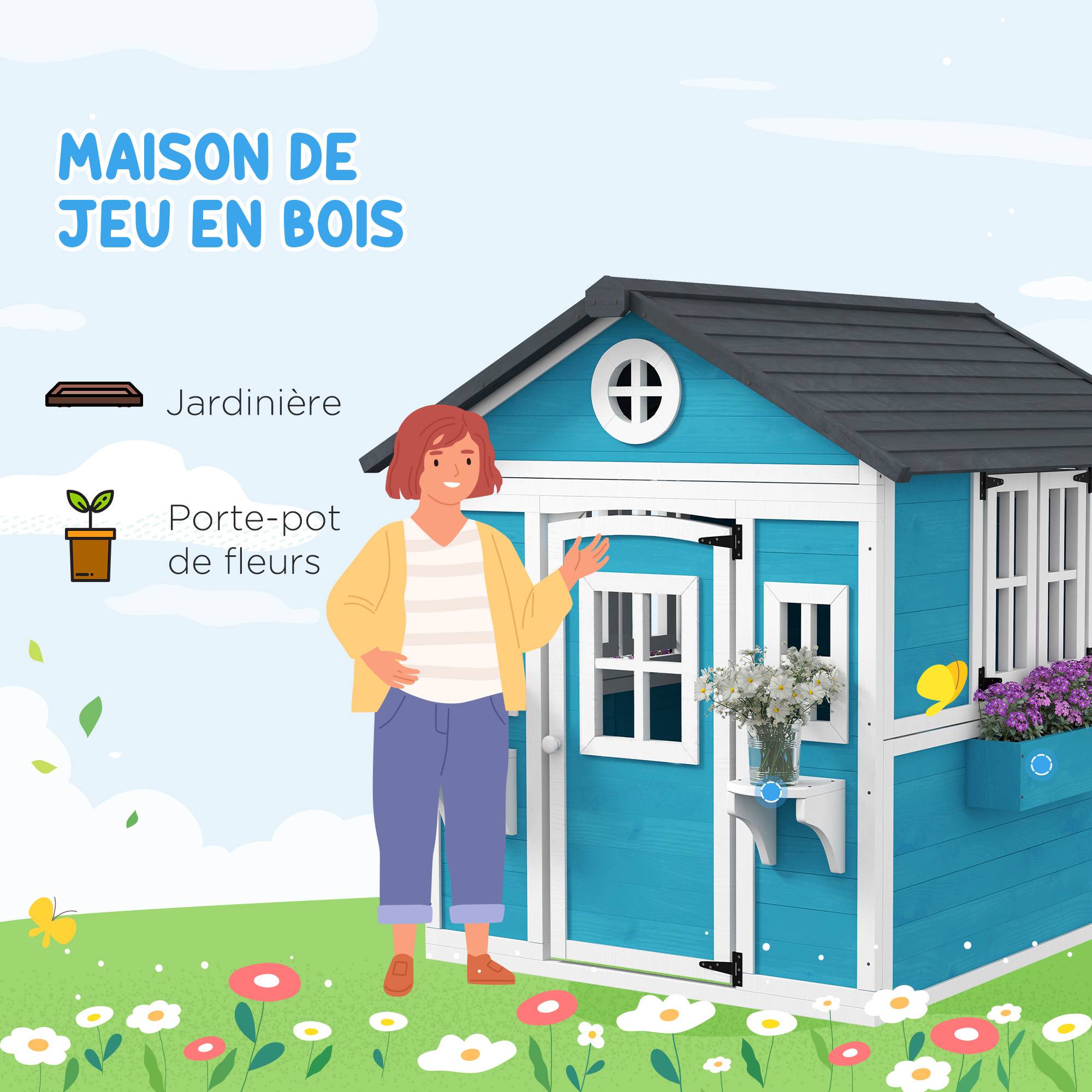Cabane enfant extérieur maison enfant extérieure avec porte fenêtres et jardinières 114 x 126,4 x 135 cm bleu - Image 6