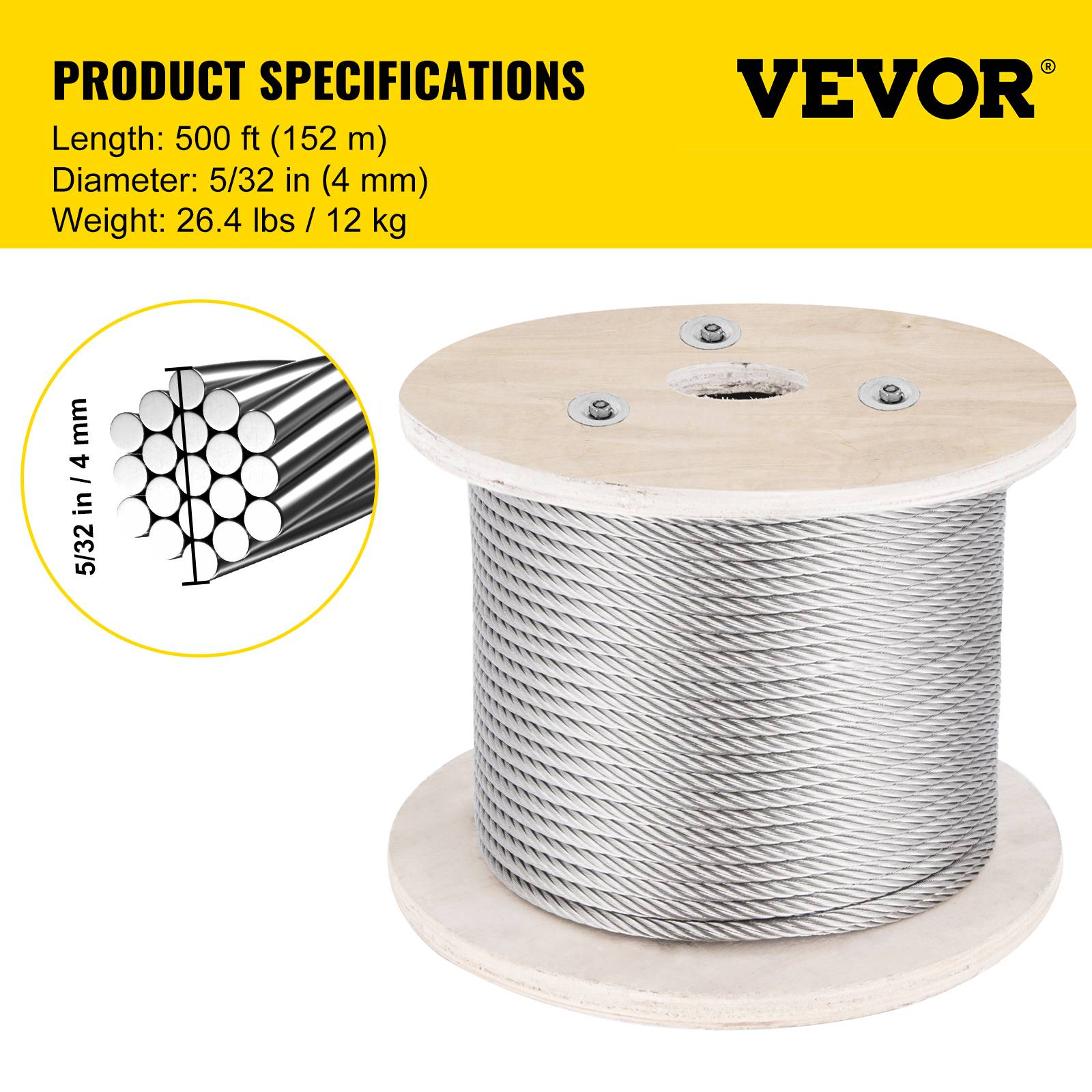 Vevor - Câble inox 316 4 mm, 152 m, construction 1x19, résistance 1 496 kg, idéal pour balustrade, terrasse, rampe et usages extérieurs. - Image 6