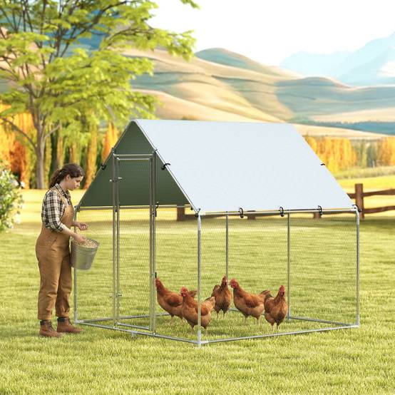 ComfortXL - Parc grillagé extérieur acier galvanisé 4m² 4-6 poules bâche imperméable 200x200x200cm argent - ComfortXL Outdoor Living - Image 3