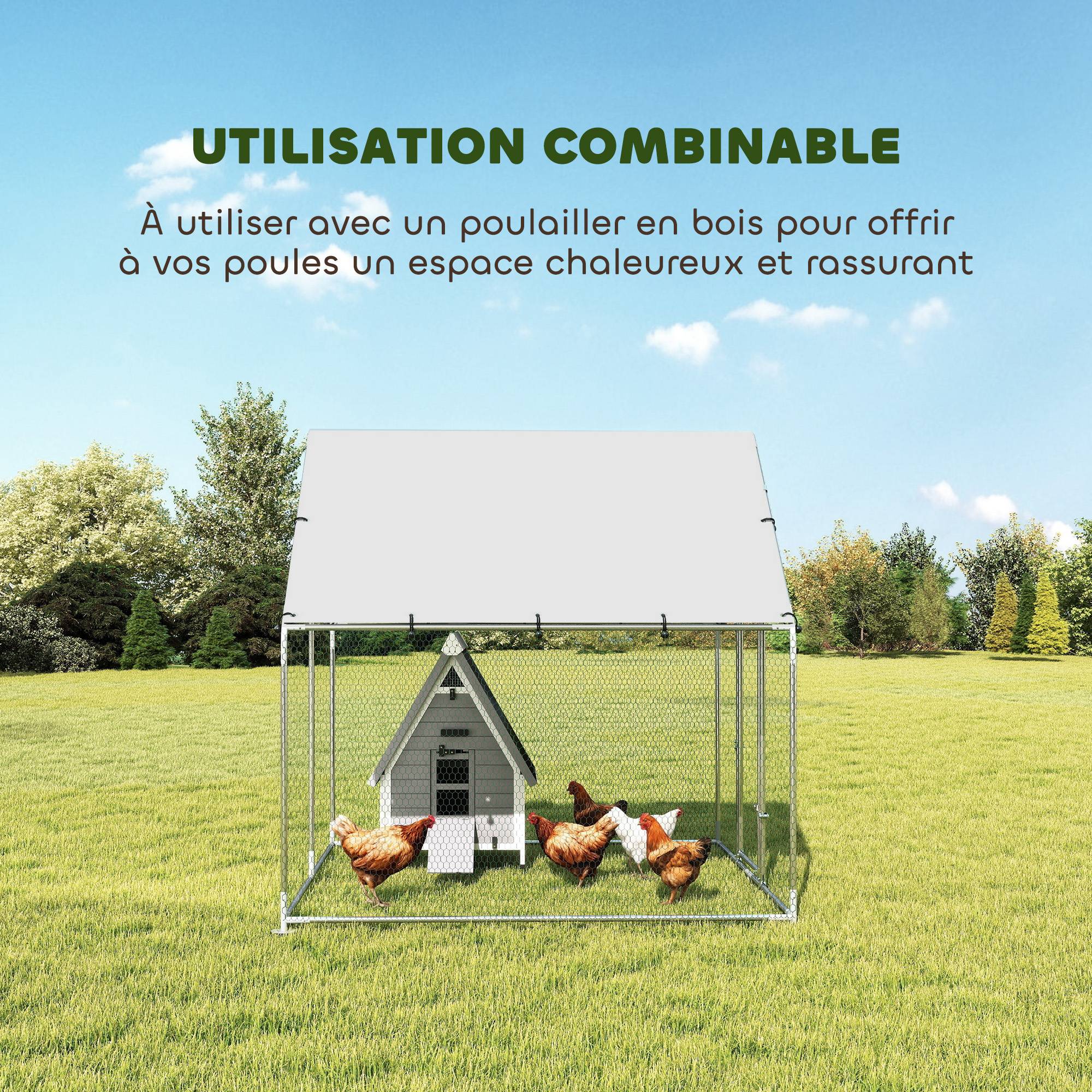 ComfortXL - Parc grillagé extérieur acier galvanisé 4m² 4-6 poules bâche imperméable 200x200x200cm argent - ComfortXL Outdoor Living - Image 7