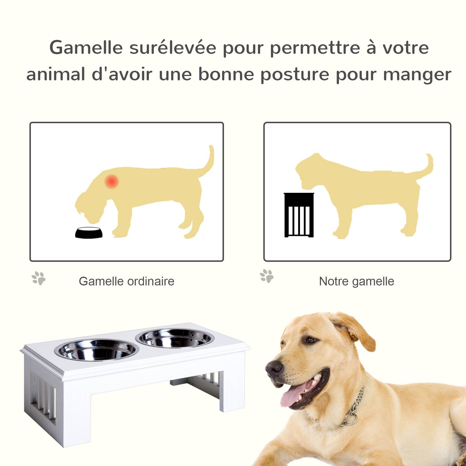 Gamelles chiens surélevées gamelle double chien chat Porte-gamelles surélevé dim. 44L x 24l x 15H cm 2 gamelles 0,9L acier inox. incluses bois blanc - Image 6