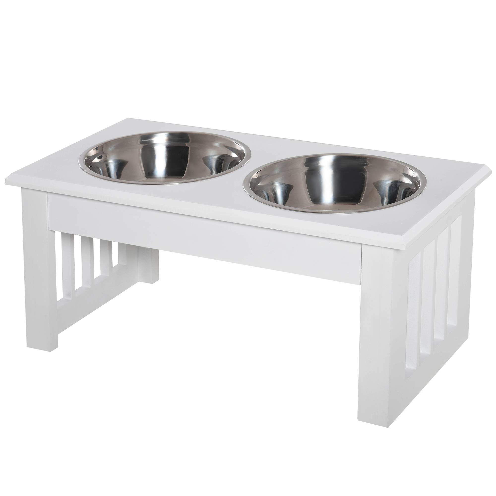 Gamelles chiens surélevées gamelle double chien chat Porte-gamelles surélevé dim. 44L x 24l x 15H cm 2 gamelles 0,9L acier inox. incluses bois blanc - Image 2