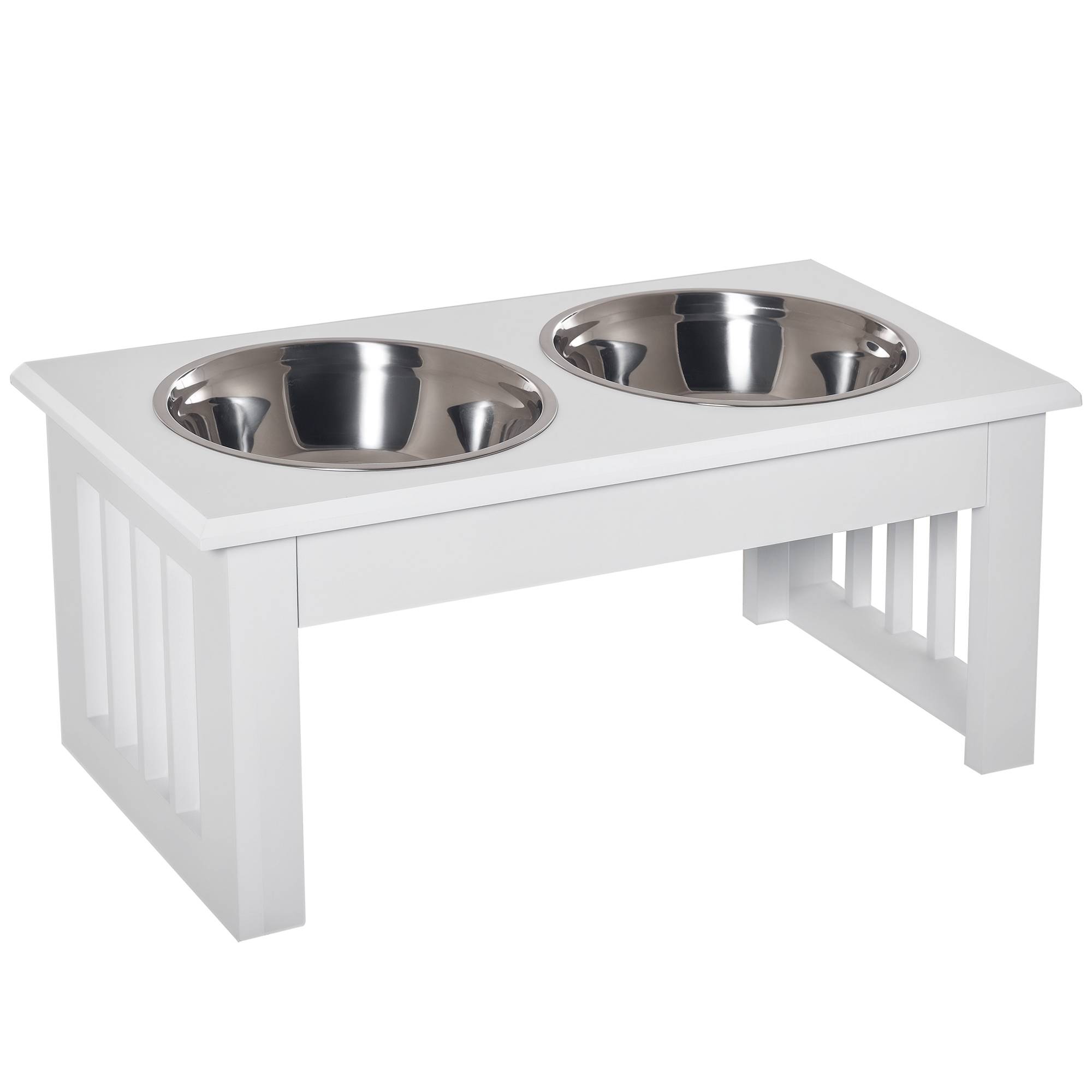 Gamelles chiens surélevées gamelle double chien chat Porte-gamelles surélevé dim. 44L x 24l x 15H cm 2 gamelles 0,9L acier inox. incluses bois blanc - Image 1