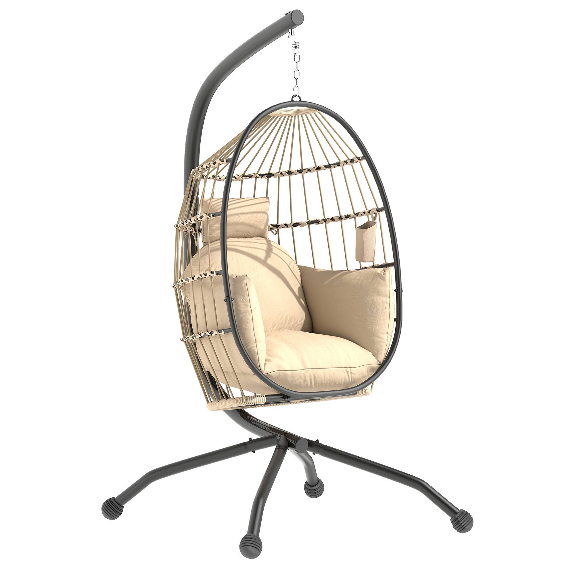 Fauteuil oeuf suspendu, intérieur et extérieur, panier pliable, coussin rembourré, cadre en acier, beige - Image 1